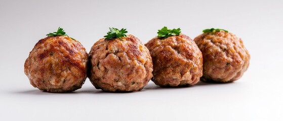 Four delicious meatballs garnished with parsley, arranged neatly on a clean, white surface, showcasing their golden-brown texture.