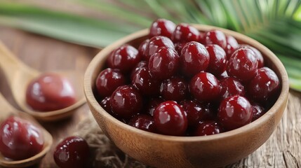 Sweet, plump cherries in a wooden bowl