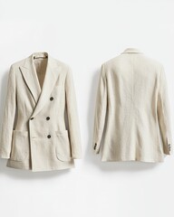 Elegant beige double-breasted blazer on white background - front and back view