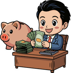 Happy Businessman Counting Money with Piggy Bank Savings