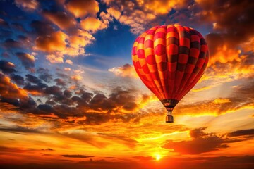 Fototapeta premium Red balloon ascends, a striking silhouette framed by a breathtaking sunset and clear sky.