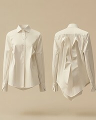 Elegant white dress shirts with pleated sleeves and back detailing on neutral background