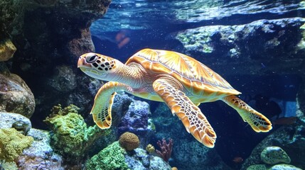 Obraz premium An underwater shot of a sea turtle swimming near a coral reef