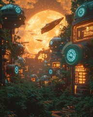 Futuristic eco-city with glowing skyscrapers and spacecraft under orange cosmic sky