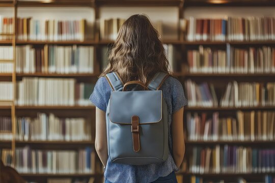 Back view of a female student with backpack in a library. The back view of a female student with a backpack captures her curiosity as she studies in the library.