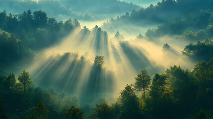 A breathtaking landscape of a dense forest covered in morning mist, with golden sunlight breaking through the treetops