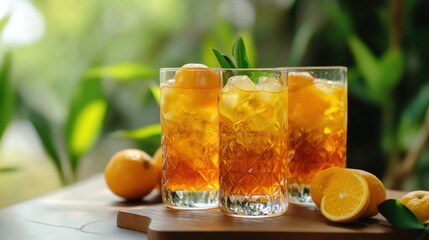 Fototapeta premium Refreshing Iced Tea with Orange Slices. Three glasses of iced tea, garnished with orange slices and fresh leaves, sit on a wooden board. 