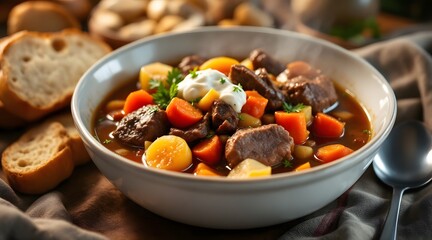 Hearty Beef Stew Recipe with Root Vegetables and Creamy Topping