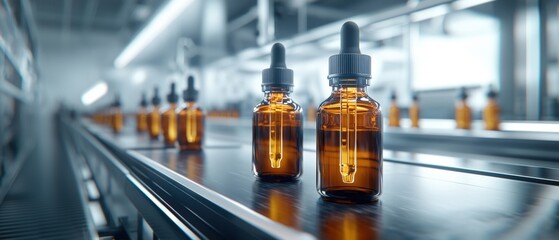 A row of amber dropper bottles sits on a conveyor belt in a modern manufacturing facility, highlighting precision and efficiency in production.