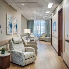 Fototapeta premium Modern hospital waiting area with comfortable seating and natural light