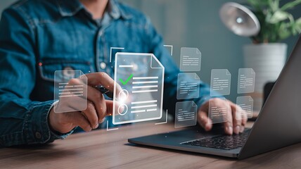 Businessman Using Holographic Interface with Digital Transformation and Augmented Reality in a Professional Office Setting with Data Visualization and Gesture Control