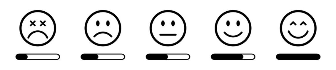 Rating emoji set. Feedback emoticons collection. Feedback and rating emoji set 1 to 5. Very happy, happy, neutral, sad and very sad emojis icon set. Emoji, feedback, rating emoji, rating. vector.