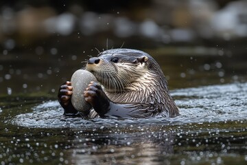 Naklejka premium Playful otter holding stone in tranquil water with splashing droplets