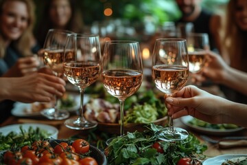 Friends celebrate together with rose wine at a cheerful outdoor dining setting during a summer evening gathering