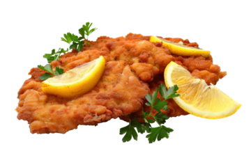 Wiener Schnitzel Garnished with Lemon Isolated On Transparent Background