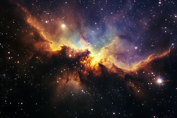 Naklejka premium A cosmic dance of fiery nebulae and glittering stars, a breathtaking spectacle of celestial wonders in deep space with vibrant colors and intense luminosity.