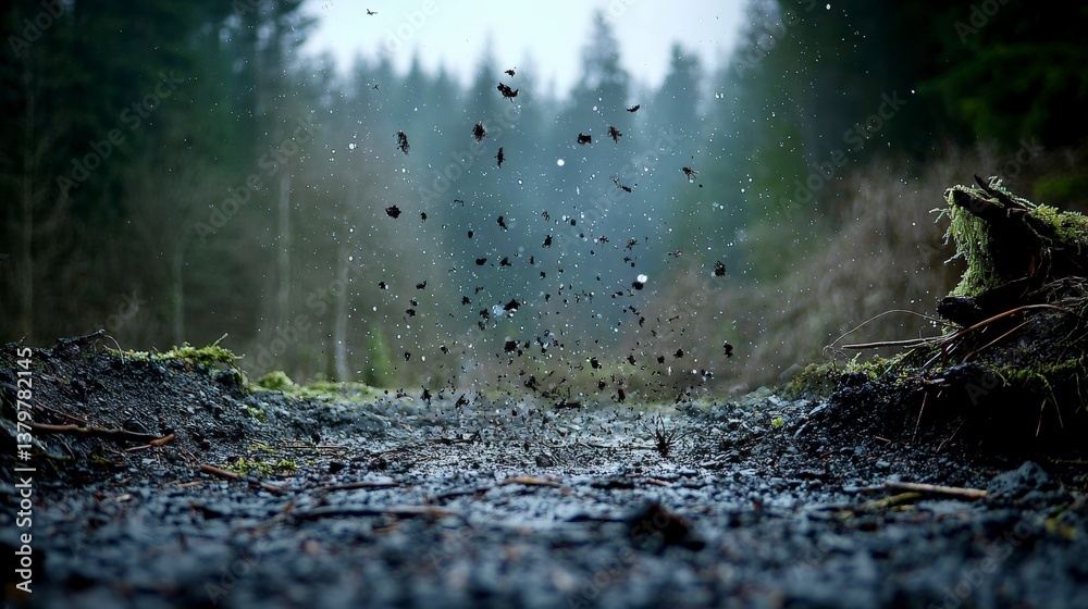 Poster mud and rain splashing on ground forest trail nature scene serene environment ground view natural el
