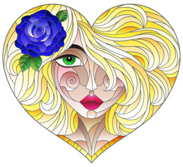 Stained glass illustration with a portrait of a girl with bright hair and a heart-shaped rose