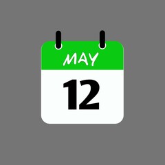May 12, Calendar hanging sign. 12th days of the month, modern illustration. Date day of week Sunday, Monday, Tuesday, Wednesday, Thursday, Friday, Saturday. Flat style.