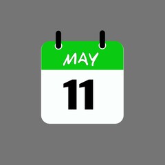 May 11, Calendar hanging sign. 11th days of the month, modern illustration. Date day of week Sunday, Monday, Tuesday, Wednesday, Thursday, Friday, Saturday. Flat style.