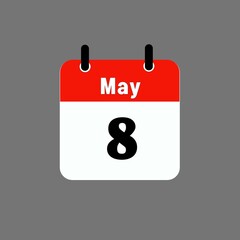 Fototapeta premium May 08, Calendar hanging sign. 8th days of the month, modern illustration. Date day of week Sunday, Monday, Tuesday, Wednesday, Thursday, Friday, Saturday. Flat style