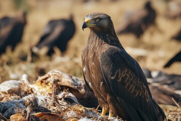 Obraz premium Black Kite feeds on carrion in the wild, showcasing scavenging behavior in natural habitat, Black Kite Milvus migrans in the wild Birds feed on carrion sitting in the field Close up