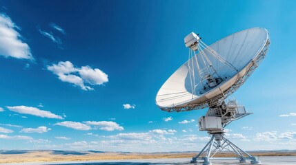 A large satellite dish stands against a clear blue sky, reflecting technological advancements in communication and data transmission.