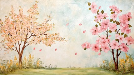 Fototapeta premium Blossom trees in spring: A whimsical spring scene with two flourishing blossom trees, with pink and apricot petals scattering in the gentle breeze, evoking feelings of renewal and joy.