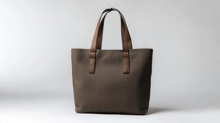 Stylish brown tote bag with sturdy handles on neutral gray background