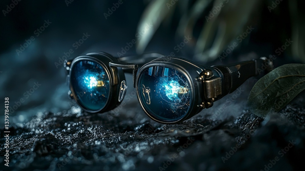 Poster Futuristic sci-fi goggles dark forest setting digital art mysterious environment macro view technology concept