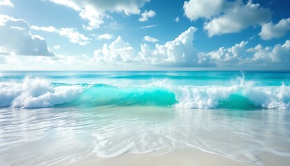 Obraz premium Turquoise Wave Crashing on Shoreline with White Sand and Cloudy Sky