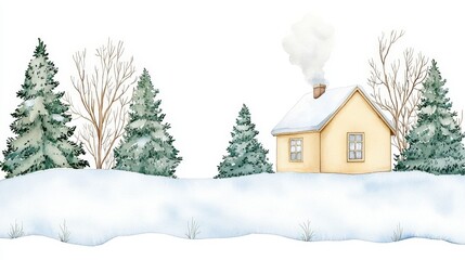 Naklejka premium Cozy Winter Scene: A charming watercolor illustration depicts a snow-covered landscape with a cozy house and fir trees, evoking a sense of peace and holiday cheer.
