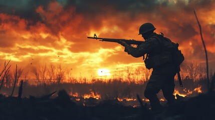 A soldier with a bazooka aims at the horizon, silhouetted against a war-torn sky. 