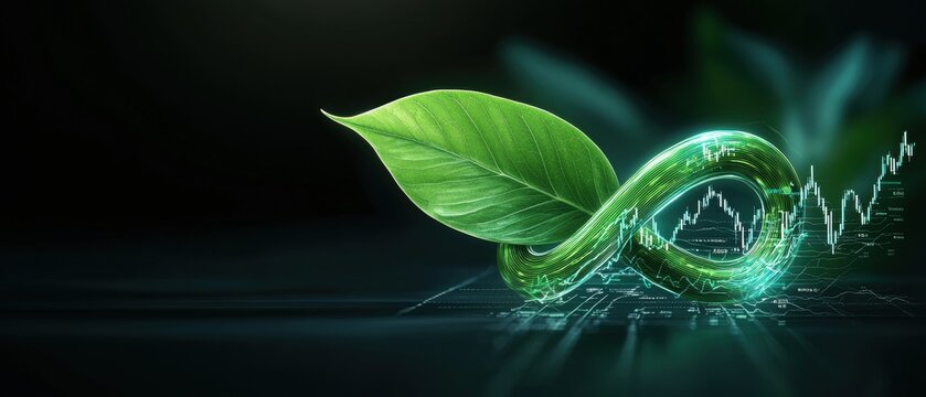 A stylized green leaf intertwined with a glowing infinity symbol, representing sustainability and growth in a digital context.