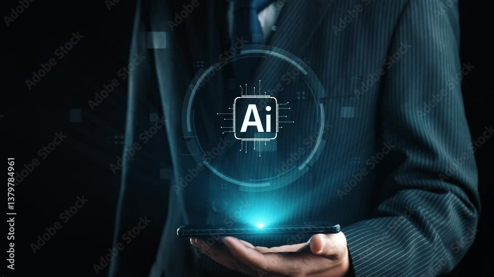 Poster human interact with ai artificial intelligence brain processor in concept of ai artificial intellige