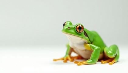 Naklejka premium Bright green frog against pure white backdrop, closeup, vibrant