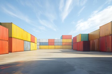 Fototapeta premium Stacked shipping containers in a large industrial storage yard under a clear sky