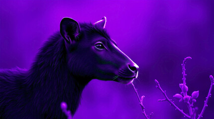 Elegant Wildlife Portrait Of Goat Silhouette In Deep Purple Tones Featuring Soft Lighting High Contrast And Dreamlike Ultraviolet Forest Background