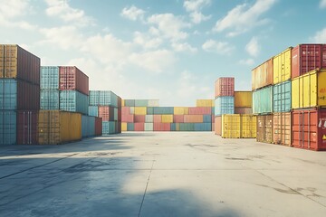 Stacked shipping containers in a large industrial storage yard under a clear sky