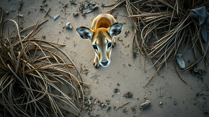 High Angle View Of Curious Baby Antelope Sitting On Sandy Ground Surrounded By Dried Grass And Natural Desert Debris With Wide Eyes