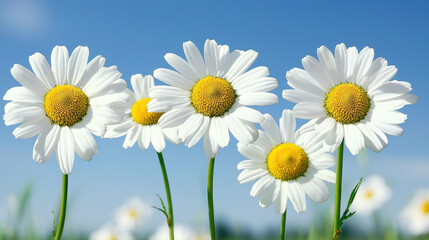 Daisies blooming under clear blue sky create serene cheerful scene
