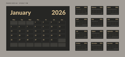 2026 Calendar Planner Set of Template 12 Monthly Page for Company or Personal use. Vector layout of a wall or desk organizer with week start Monday for print. Page for size A4-21x29.7cm in dark color