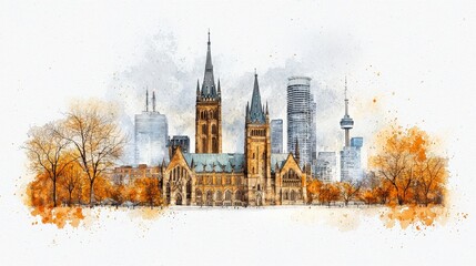 Obraz premium Toronto Skyline in Autumn: Capturing the essence of Toronto's iconic skyline, this stunning watercolor illustration showcases the city's architectural beauty amidst the vibrant hues of autumn.