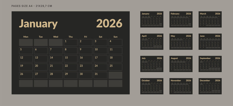2026 Calendar Planner Set of Template 12 Monthly Page for Company or Personal use. Vector layout of a wall or desk organizer with week start Monday for print. Page for size A4-21x29.7cm in dark color