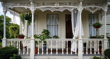 Fototapeta premium Victorian front porch with ornate railings hanging plants and delicate lace curtains swaying in the wind