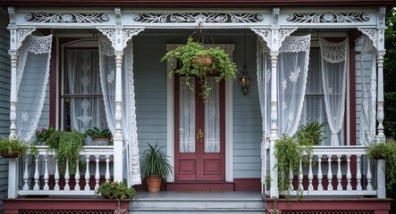 Victorian front porch with ornate railings hanging plants and delicate lace curtains swaying in the wind