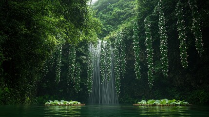 Obraz premium Serene Waterfall Cascading into Lush Tropical