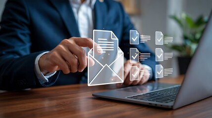 A business professional wearing a blue shirt is engaged in a futuristic office environment, using a laptop and interacting with digital icons, email envelopes, checklists, and a technology interface