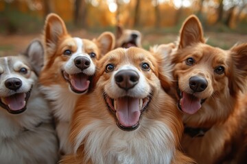 Happy corgis enjoying a sunny day in a forest with colorful autumn leaves