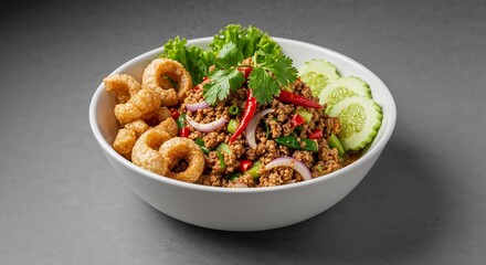 Nam Prik Ong Northern Thai Minced Pork Dip with Crispy Pork Rinds for Authentic Asian Cuisine Blogs, Restaurant Menus, Cultural Food Photography, and Traditional Recipe Collections